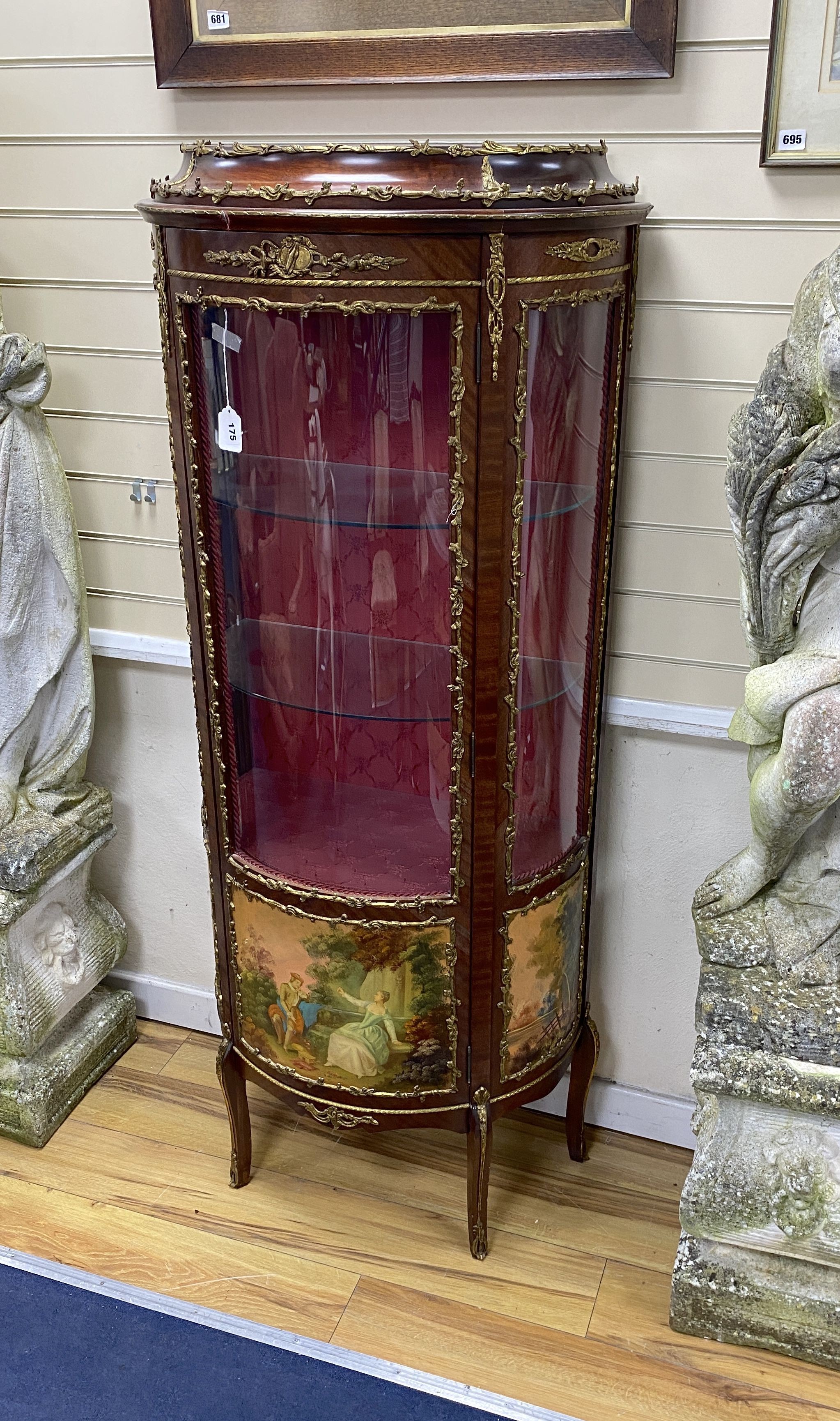 A reproduction gilt metal mounted Vernis Martin style bow front vitrine, width 68cm, depth 36cm, height 166cm